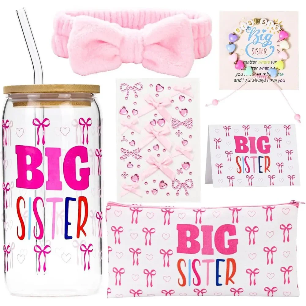 BIG SISTER Pink Bow Tumbler Gift Set with Bag & Card -Baby Announcement